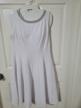 Sandra Darren White Sleeveless A-Line Dress with Beaded Neckline